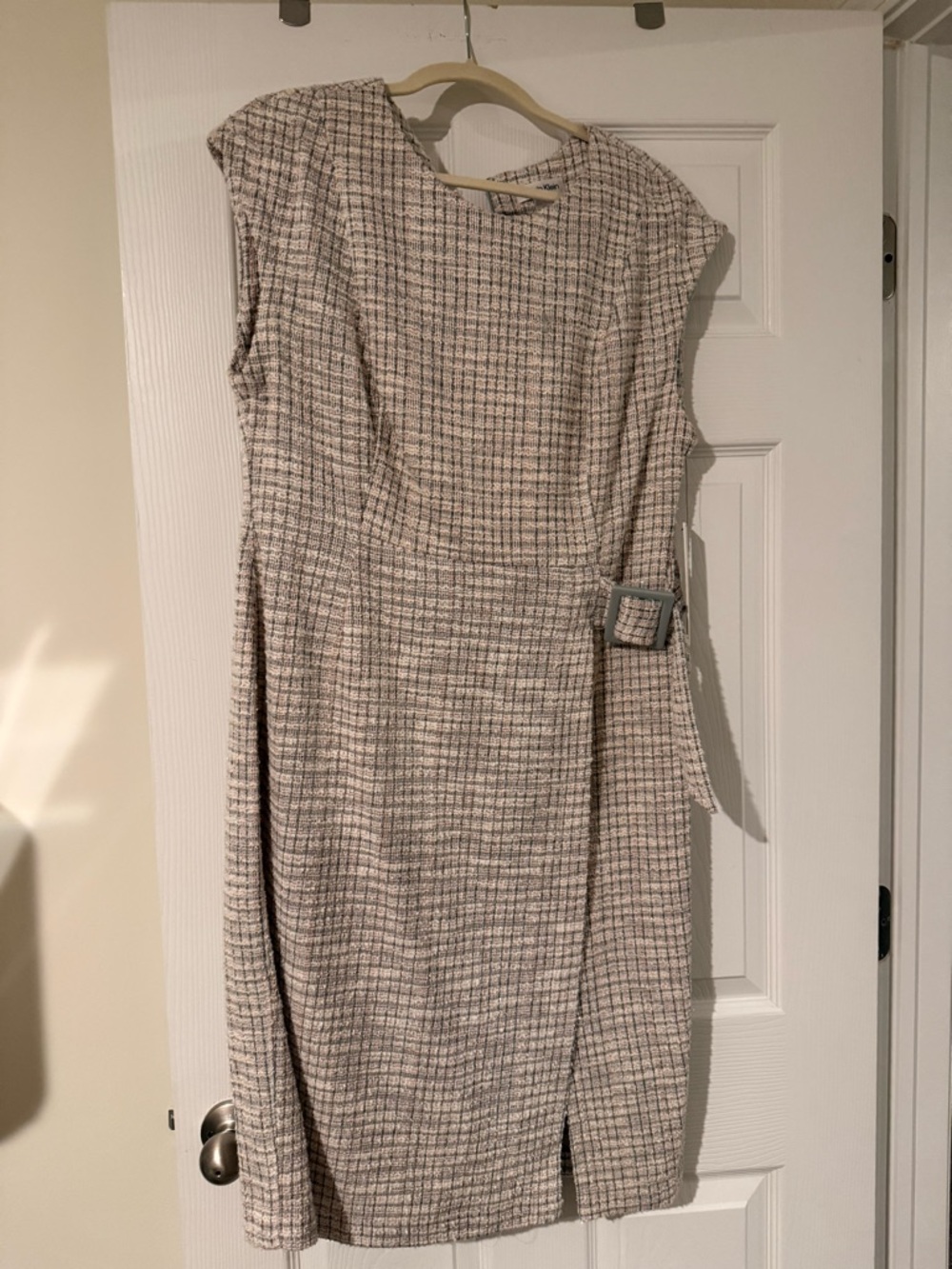 Calvin Klein Cream and Gray Tweed Sheath Dress with Side Buckle